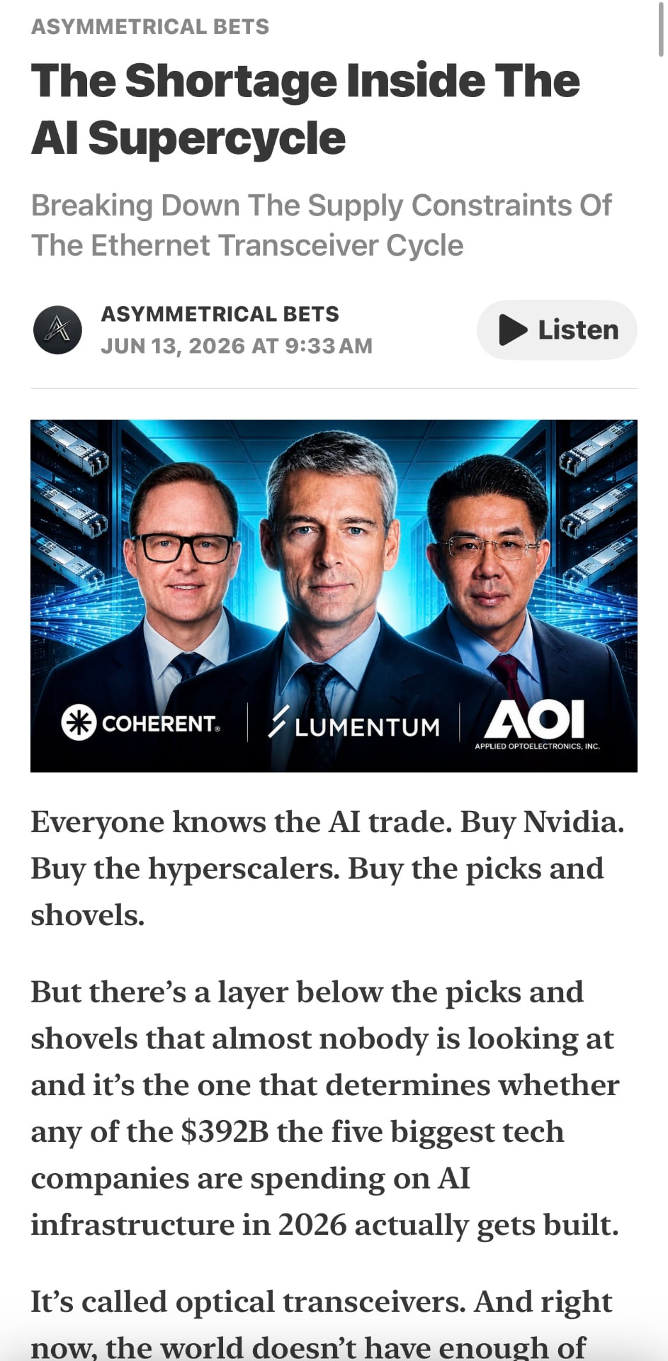 Asymmetrical Bets newsletter on mobile