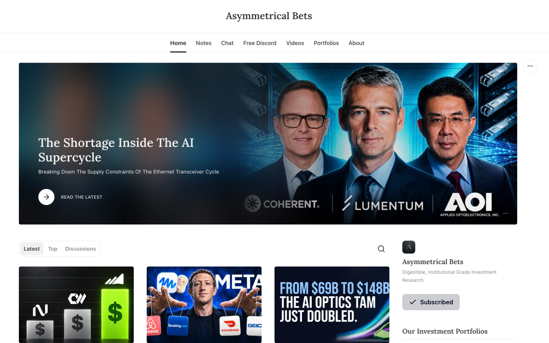 Asymmetrical Bets newsletter on desktop
